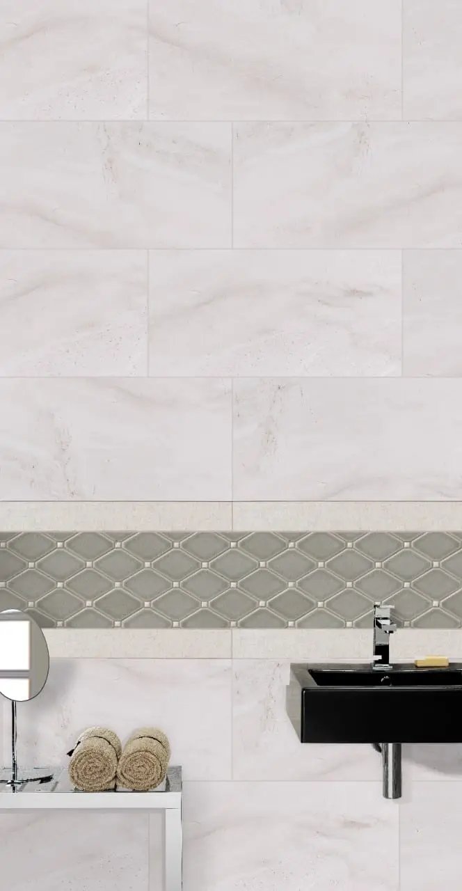 Adella Gris 12x24 Satin Matte Ceramic Mosaics in a finished room