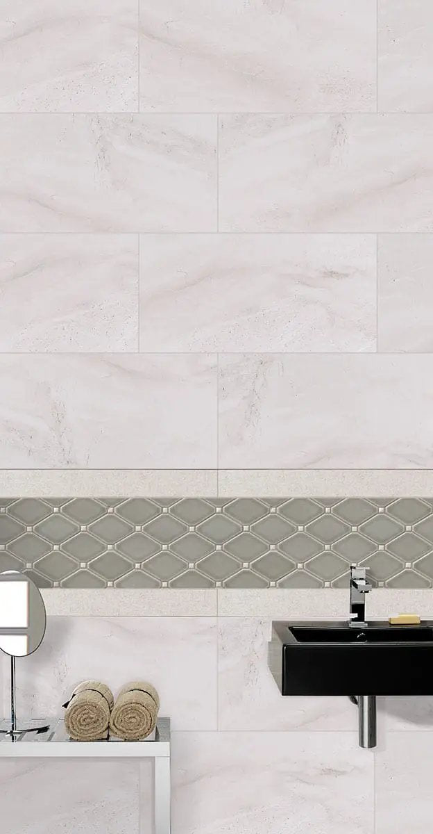 Adella Gris 12x24 Satin Matte Ceramic Mosaics in a finished room