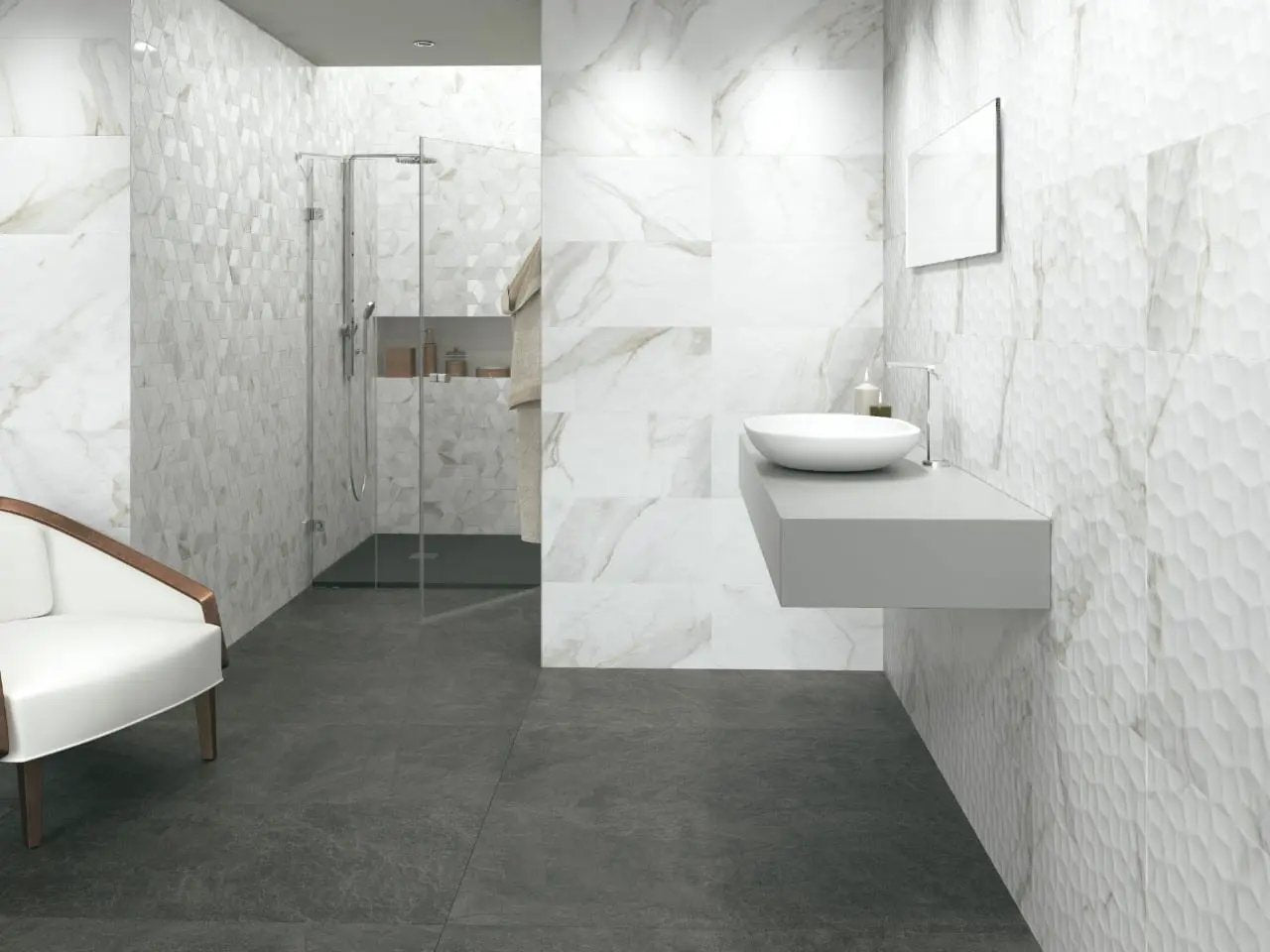 Adella Viso Calacatta 12x24 Satin Matte Ceramic Mosaics N in a finished room