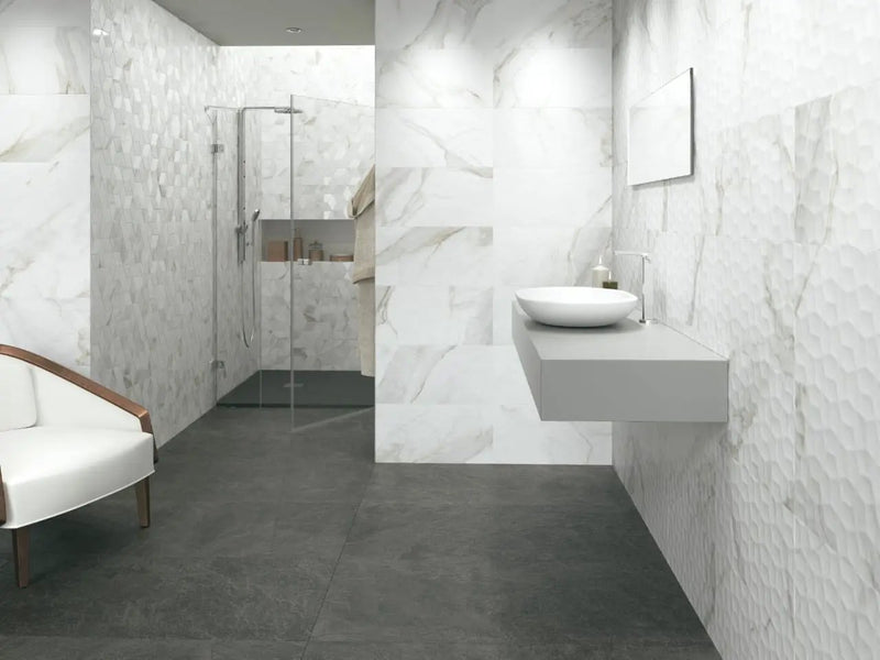 Adella Viso Calacatta 12x24 Satin Matte Ceramic Mosaics N in a finished room