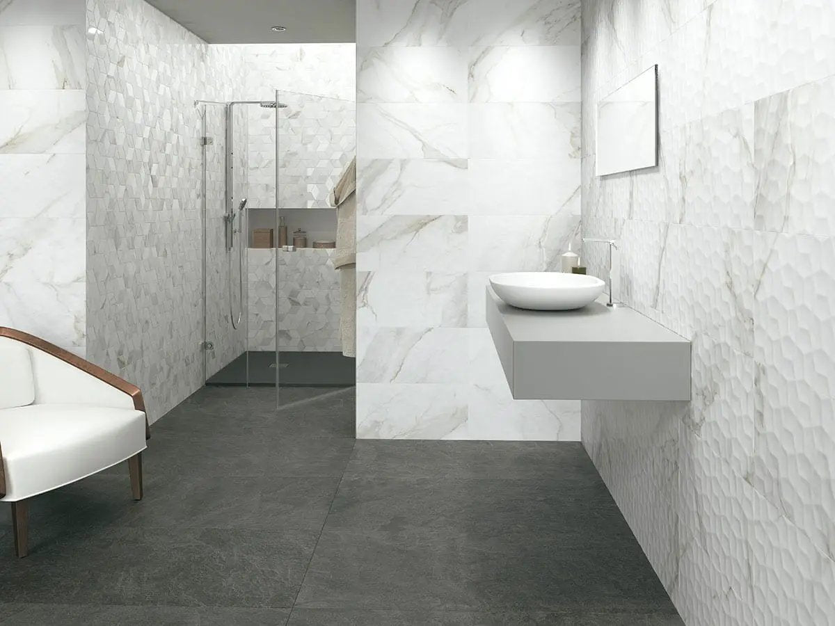 Adella Viso Calacatta 12x24 Satin Matte Ceramic Mosaics N in a finished room