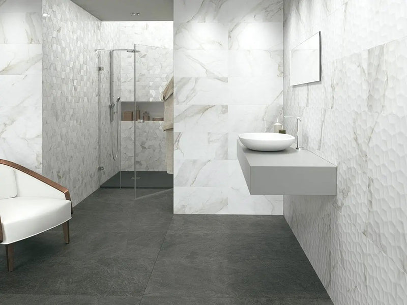 Adella Viso Calacatta 12x24 Satin Matte Ceramic Mosaics N in a finished room
