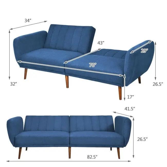 Modern Scandinavian Blue Linen Upholstered Sofa Bed with Wooden Legs by HomePacific