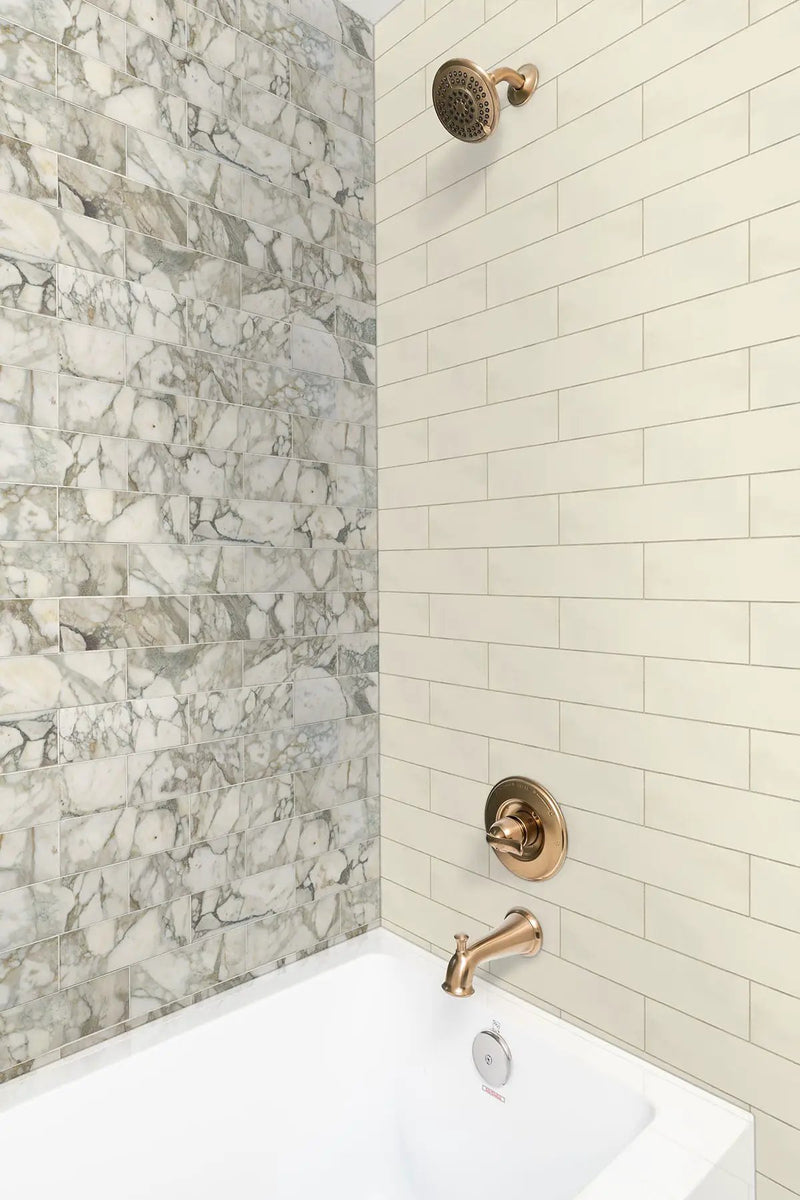Almond Glossy Subway 4x16 Ceramic Mosaics in a finished room