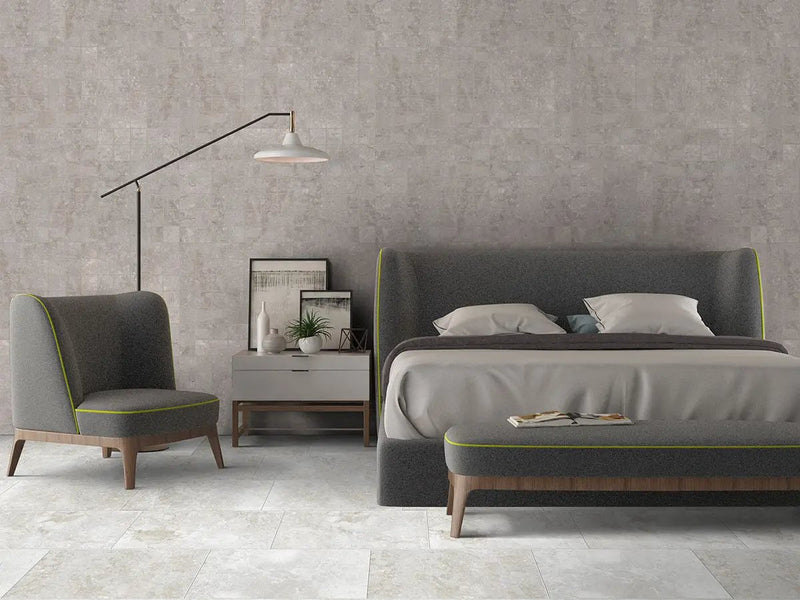 Essentials Ansello Grey Matte Travertine Look Ceramic Tiles 12x24 in a finished room