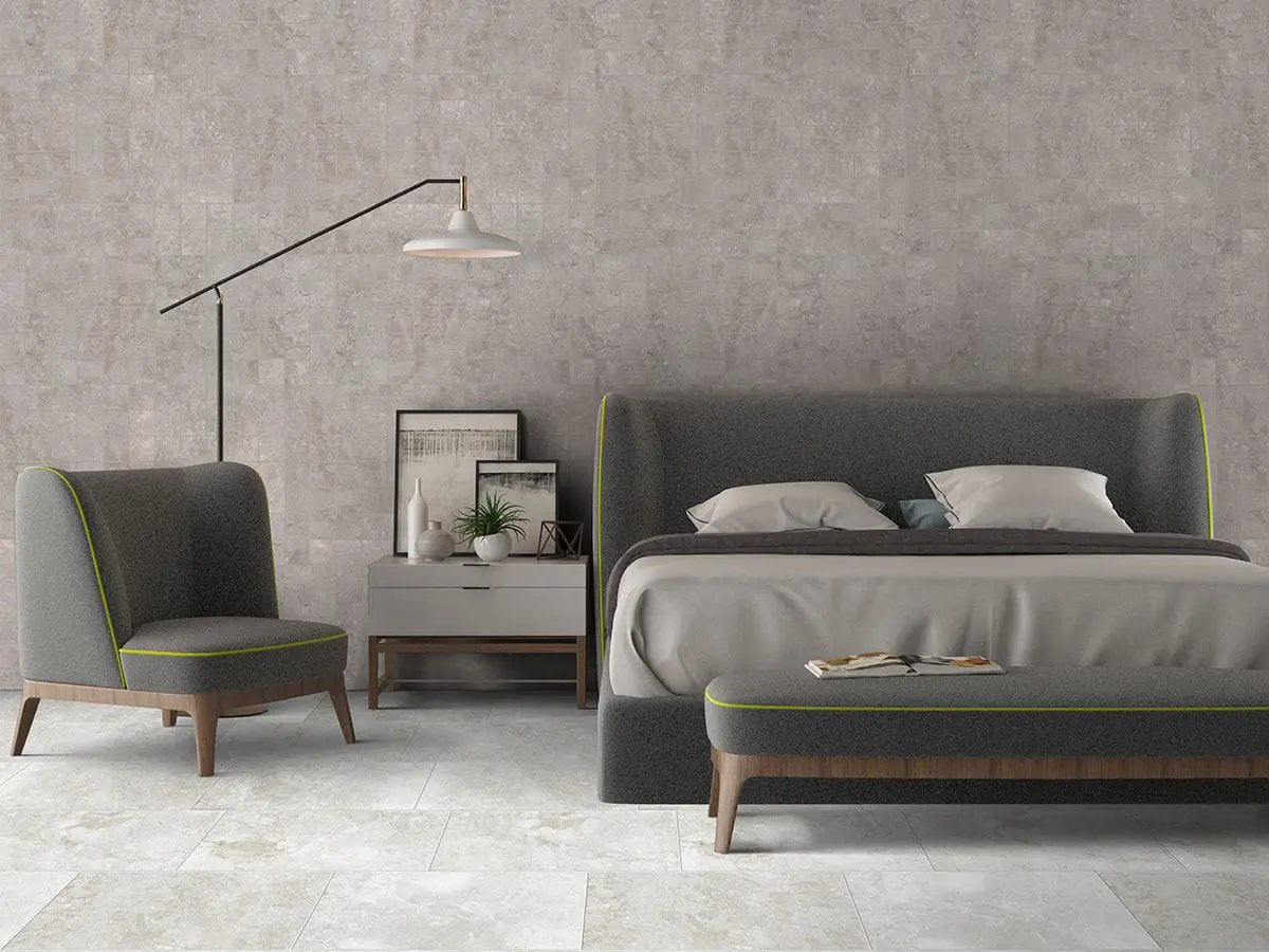 Essentials Ansello Grey Matte Bullnose Travertine Look Ceramic Moldings 3x18 in a finished room