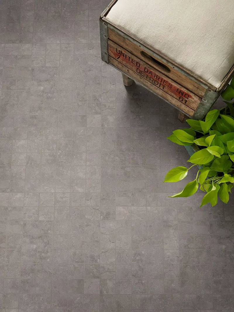 Essentials Ansello Grey Matte Travertine Look Ceramic Tiles 12x24 in a finished room