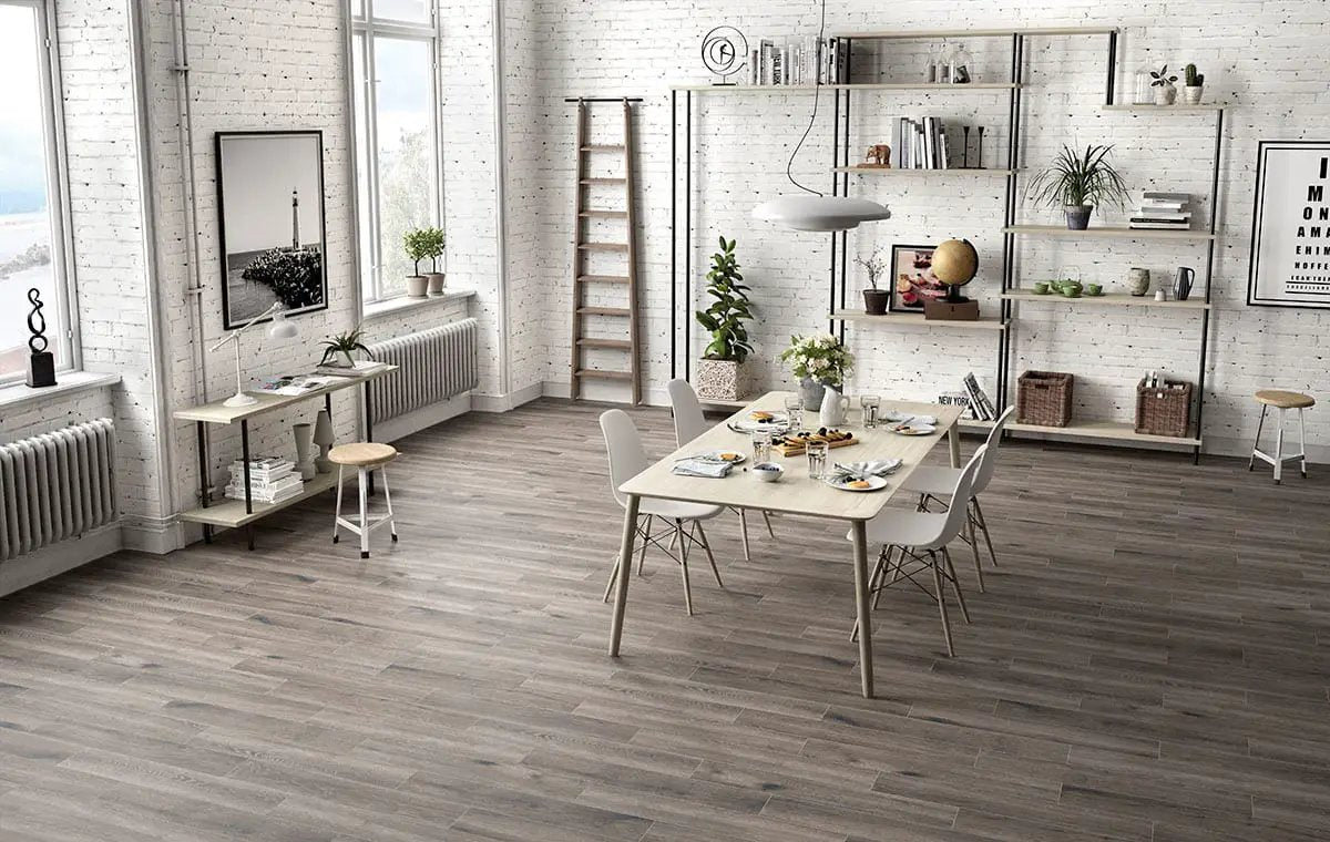 Antoni Gris Matte Wood Look Porcelain Tiles 6x36 in a finished room