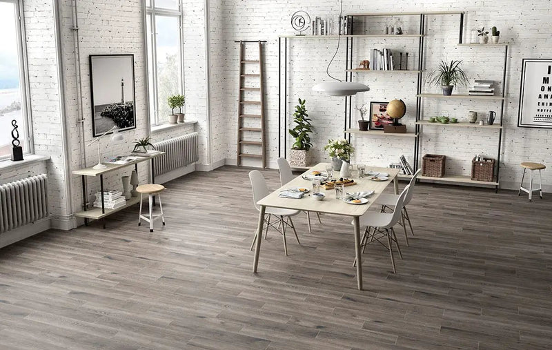 Antoni Gris Matte Wood Look Porcelain Tiles 6x36 in a finished room