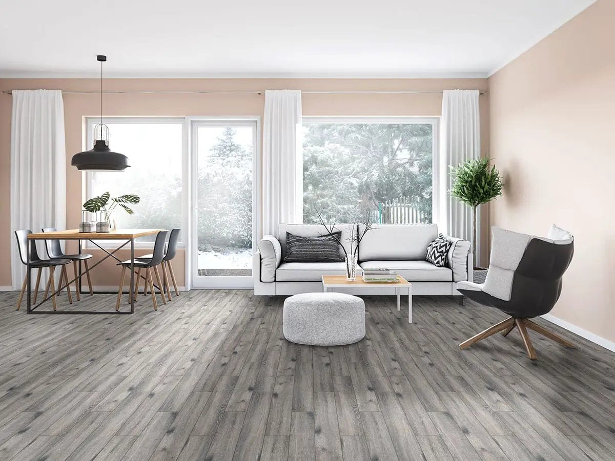 Antoni Gris Matte Wood Look Porcelain Tiles 6x36 in a finished room