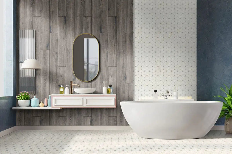 Antoni Gris Matte Wood Look Porcelain Tiles 6x36 in a finished room
