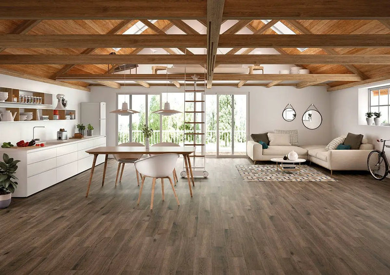 Antoni Nero Matte Wood Look Porcelain Tiles 6x36 in a finished room
