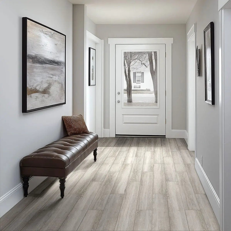 Antoni Platinum Matte Wood Look Porcelain Tiles 6x36 in a finished room