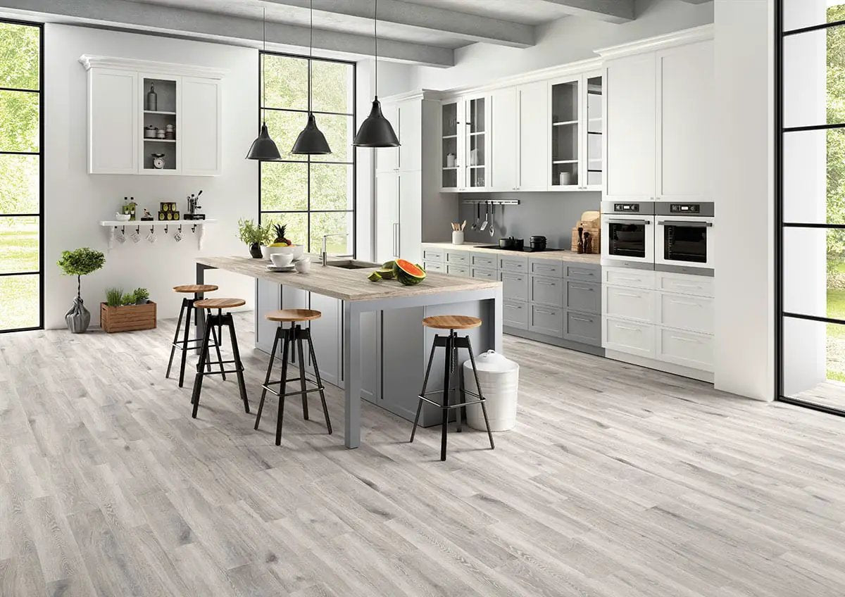Antoni Platinum Matte Wood Look Porcelain Tiles 6x36 in a finished room