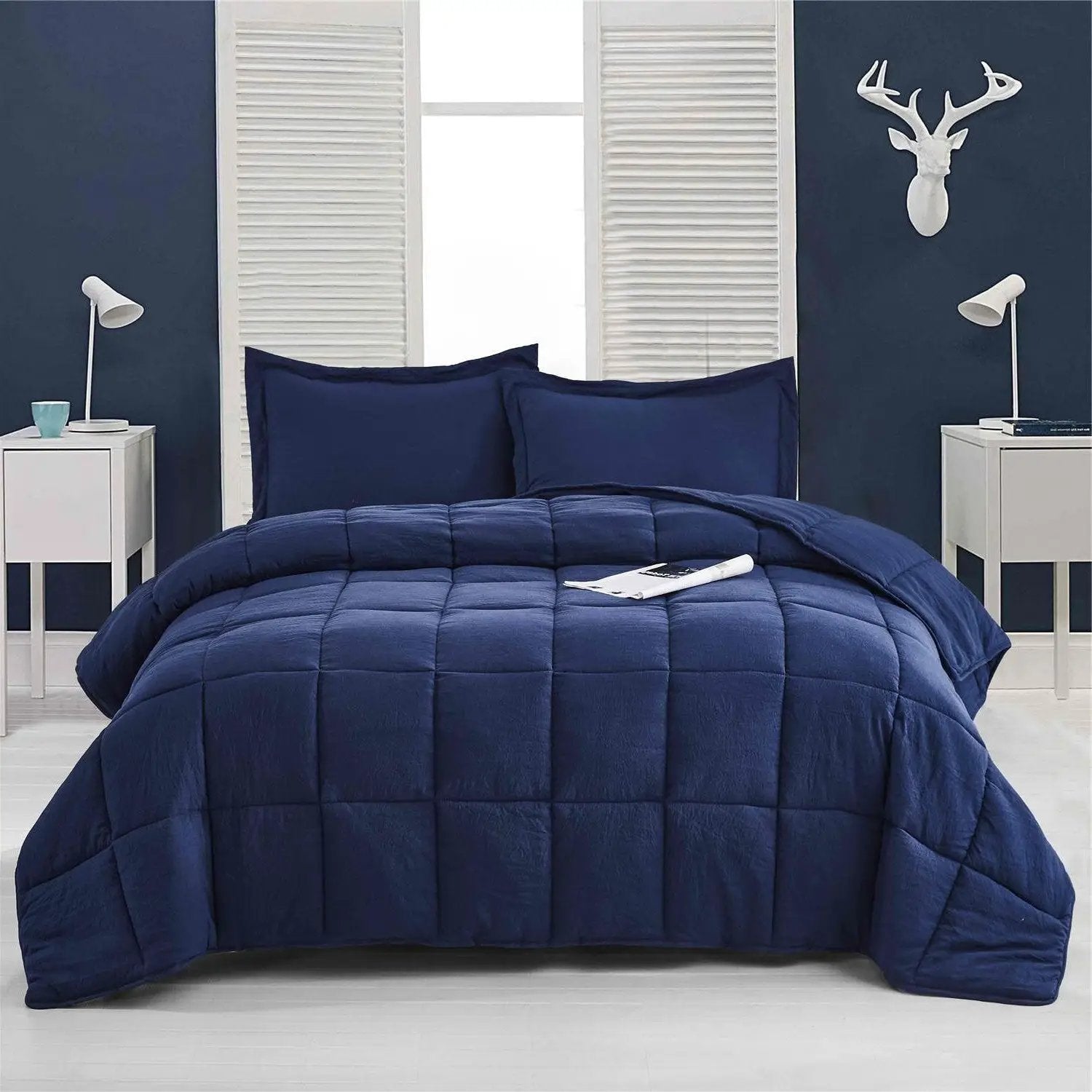 Queen Size Navy 3 Piece Microfiber Reversible Comforter Set by HomePacific