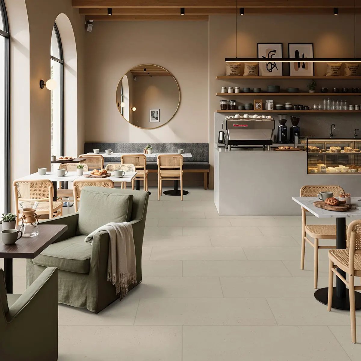 Architecta Glacier Matte Porcelain Tiles 24x24 in a finished room