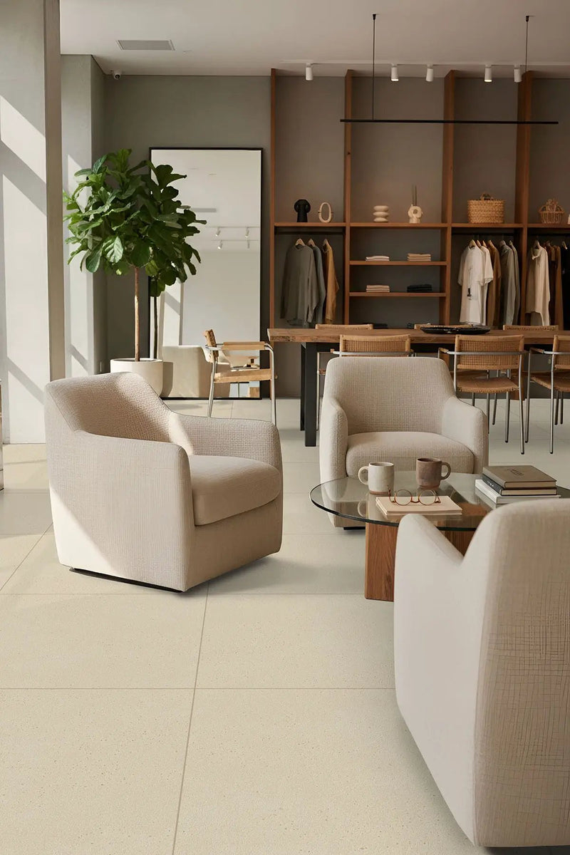 Architecta Glacier Matte Porcelain Tiles 24x48 in a finished room