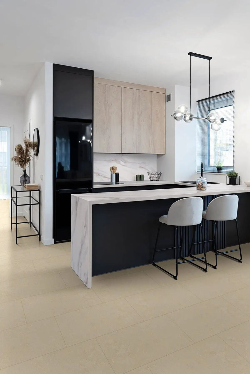 Architecta Greige Matte Porcelain Tiles 12x24 in a finished room
