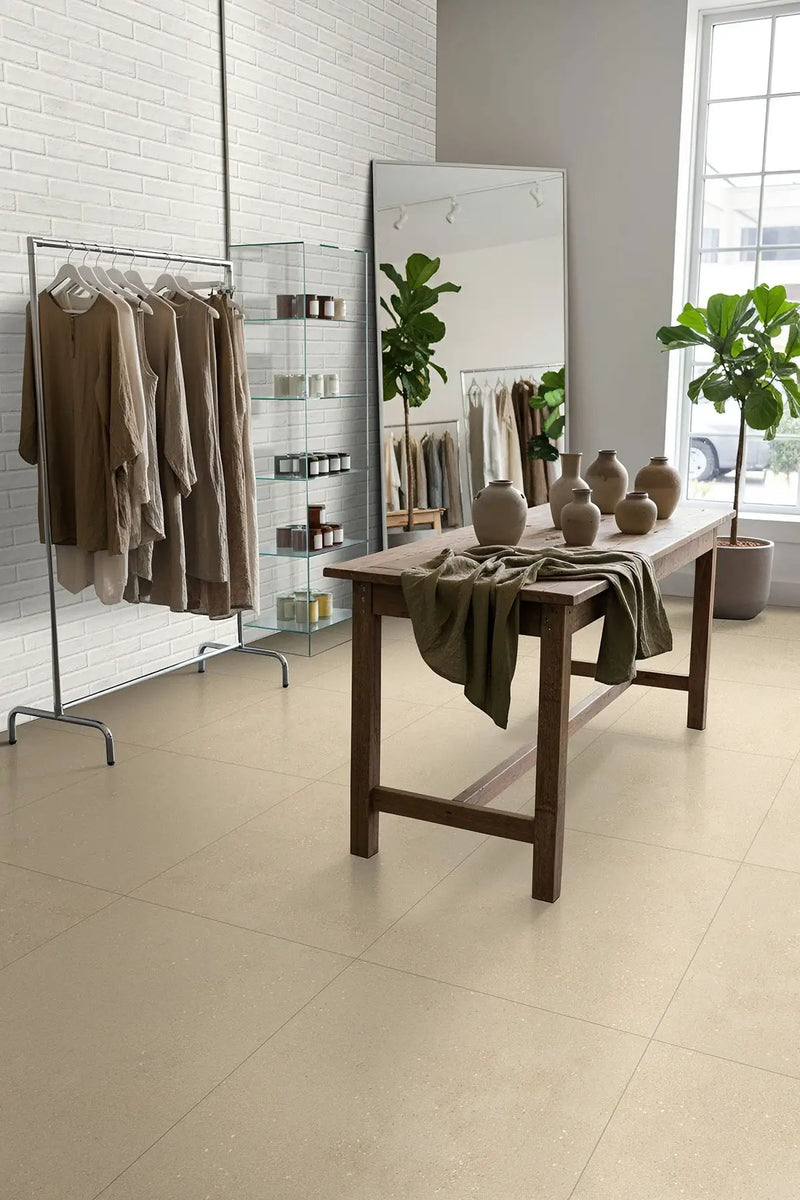Architecta Greige Matte Porcelain Tiles 12x24 in a finished room
