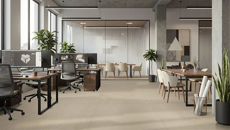 Architecta Greige Matte Porcelain Tiles 24x24 in a finished room