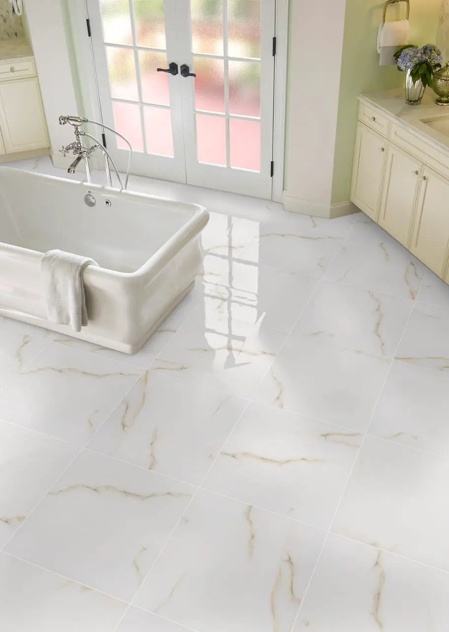 Aria Bianco Polished Marble Look Porcelain Mosaics 2x4 in a finished room