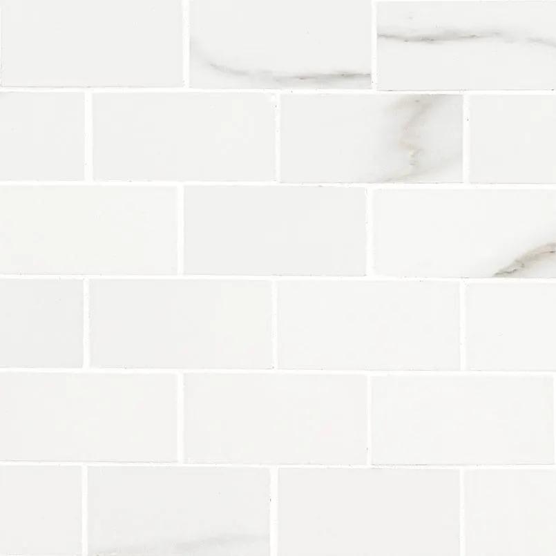 Aria Bianco Polished Marble Look Porcelain Mosaics 2x4 close up