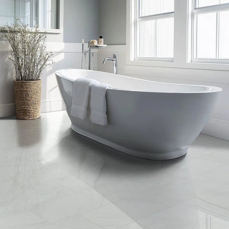 Aria Ice Polished Marble Look Porcelain Tiles 12x24 in a finished room
