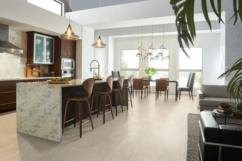 Aria Oro Polished Marble Look Porcelain Tiles 12x24 in a finished room