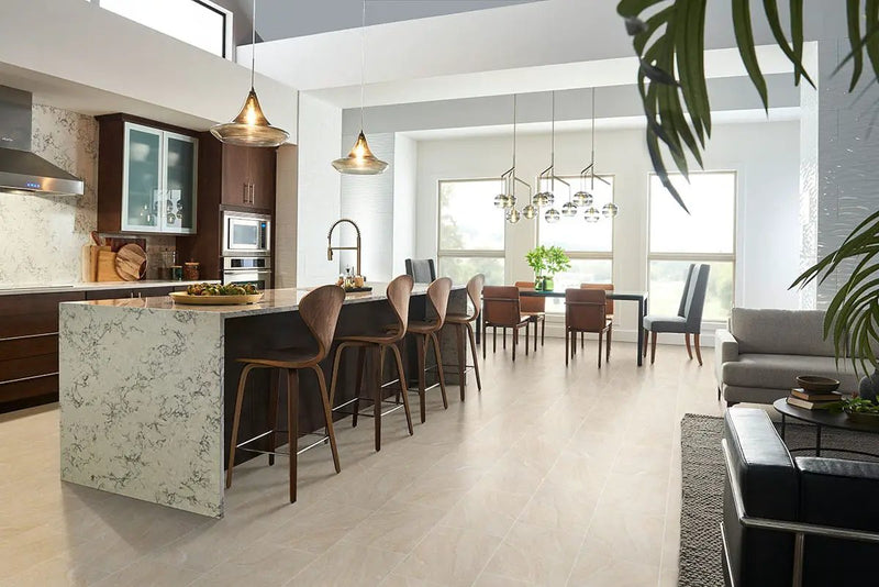 Aria Oro Polished Marble Look Porcelain Mosaics 2x4 in a finished room