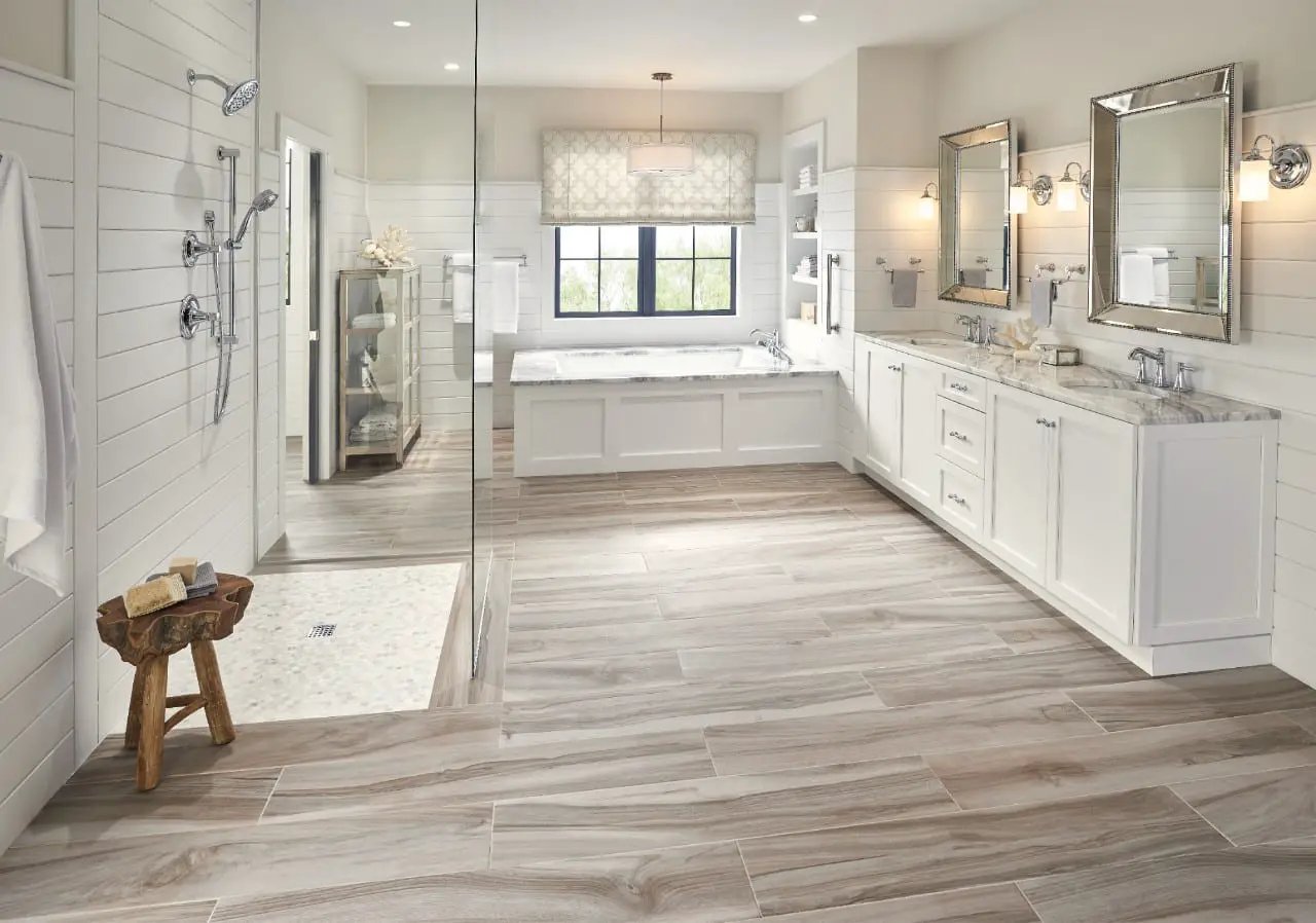 Aspenwood Ash Matte Porcelain Tiles 9x48 in a finished room
