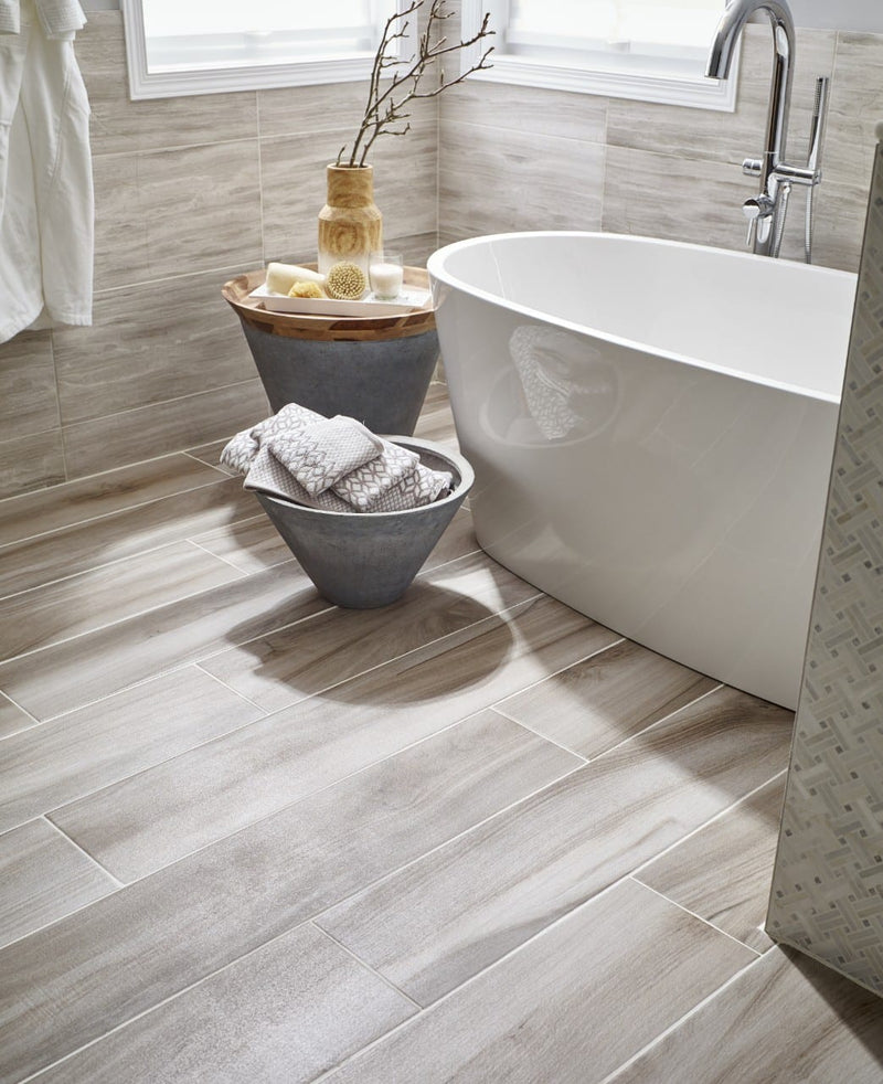 Aspenwood Ash Matte Porcelain Tiles 9x48 in a finished room