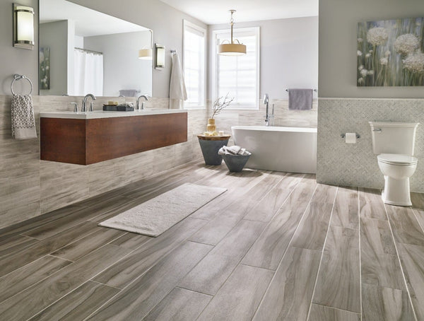 Aspenwood Ash Matte Porcelain Tiles 9x48 in a finished room