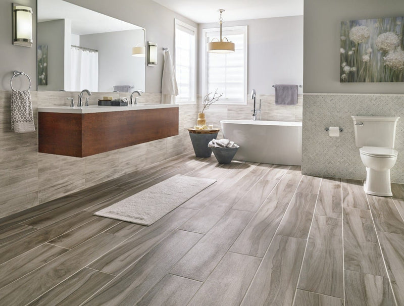 Aspenwood Ash Matte Porcelain Tiles 9x48 in a finished room