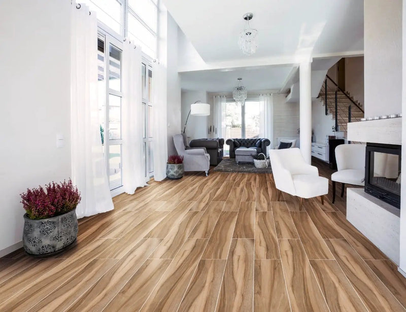 Aspenwood Cafe Matte Porcelain Tiles 9x48 in a finished room