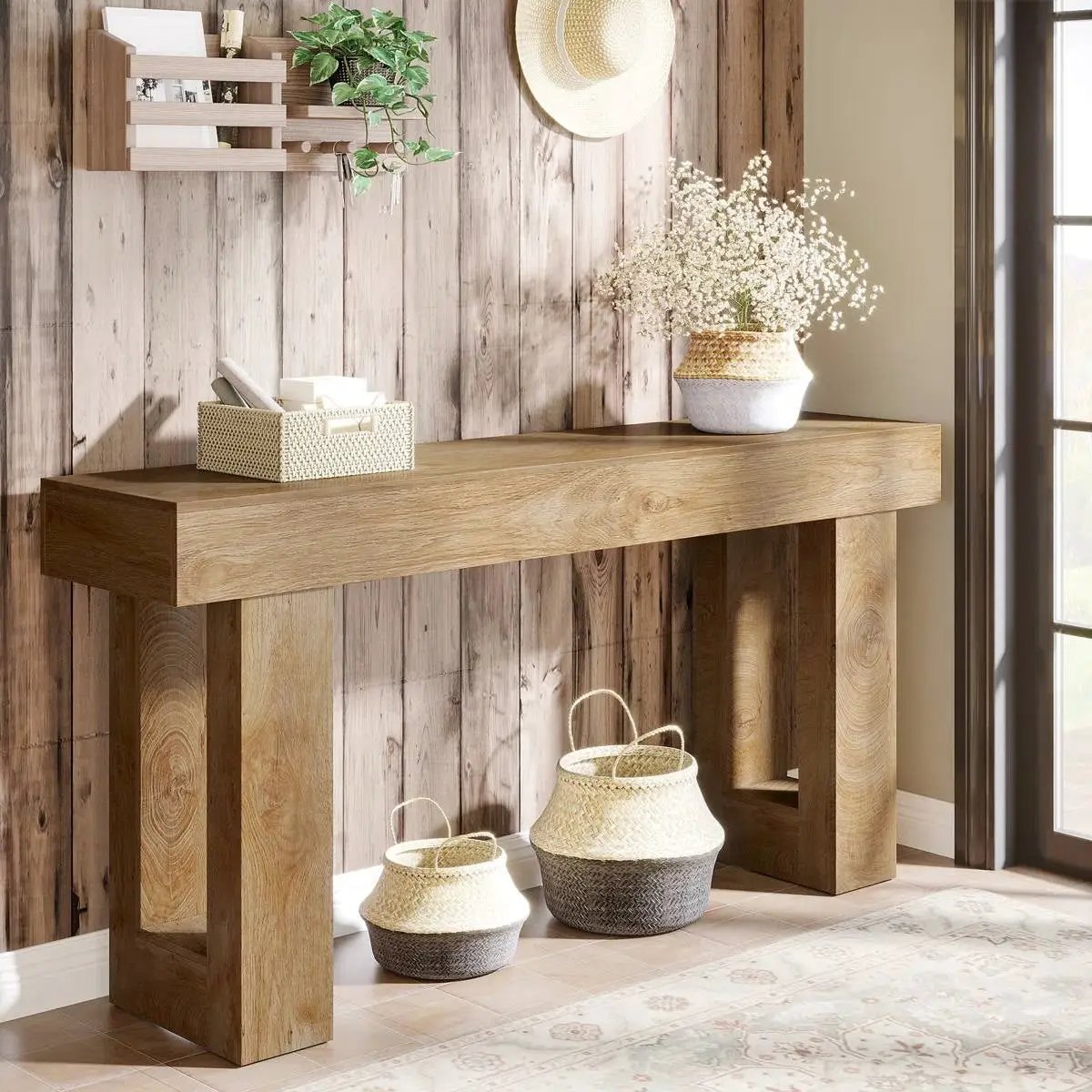 Modern Farmhouse 63-inch Long Narrow Console Sofa Table in Natural Wood Finish by HomePacific