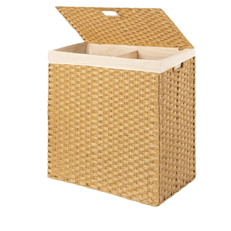 Folding 2-Bin Natural PE Wicker Linen Liner Laundry Hamper w/ Handles by HomePacific