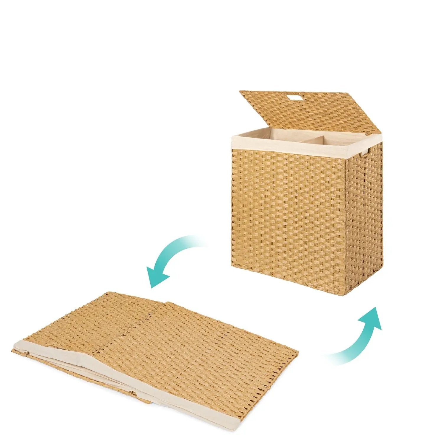 Folding 2-Bin Natural PE Wicker Linen Liner Laundry Hamper w/ Handles by HomePacific
