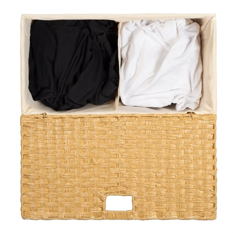Folding 2-Bin Natural PE Wicker Linen Liner Laundry Hamper w/ Handles by HomePacific