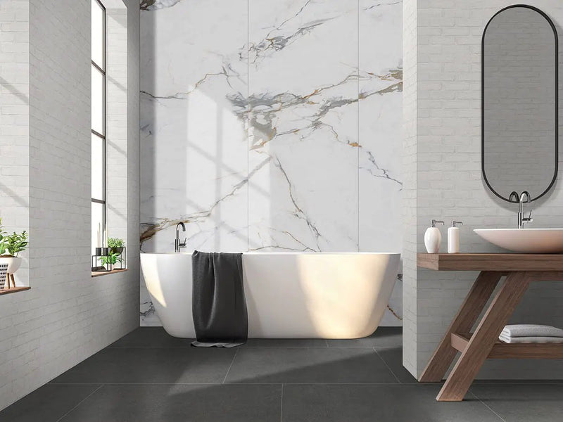 Azure Regal Calacatta Polished Porcelain Tiles 31.5x71 in a finished room