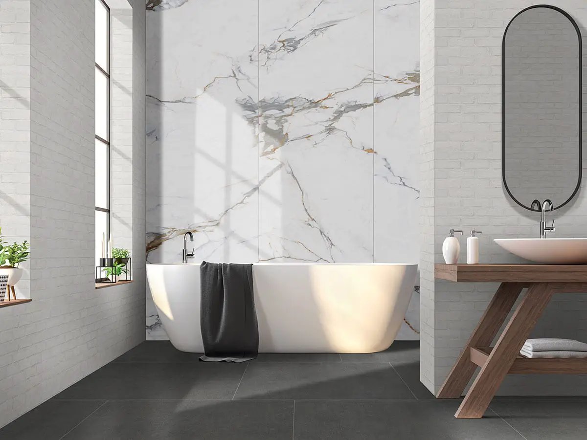 Azure Regal Calacatta Polished Porcelain Tiles 31.5x94.5 in a finished room