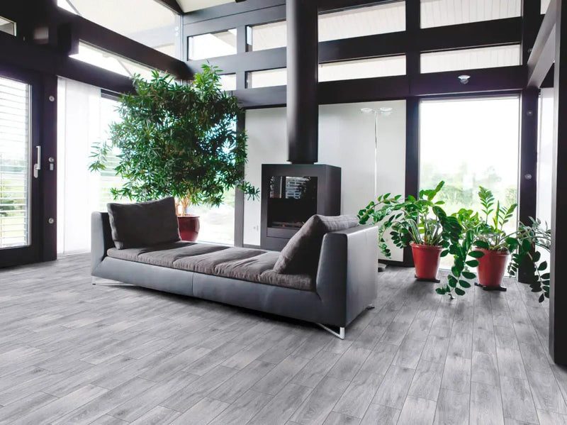 Balboa Ice Matte Wood Look Ceramic Tiles 6x24 in a finished room