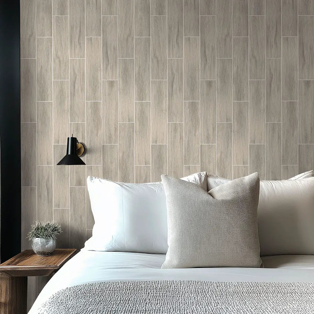 Balboa Ice Matte Wood Look Ceramic Tiles 6x24 in a finished room
