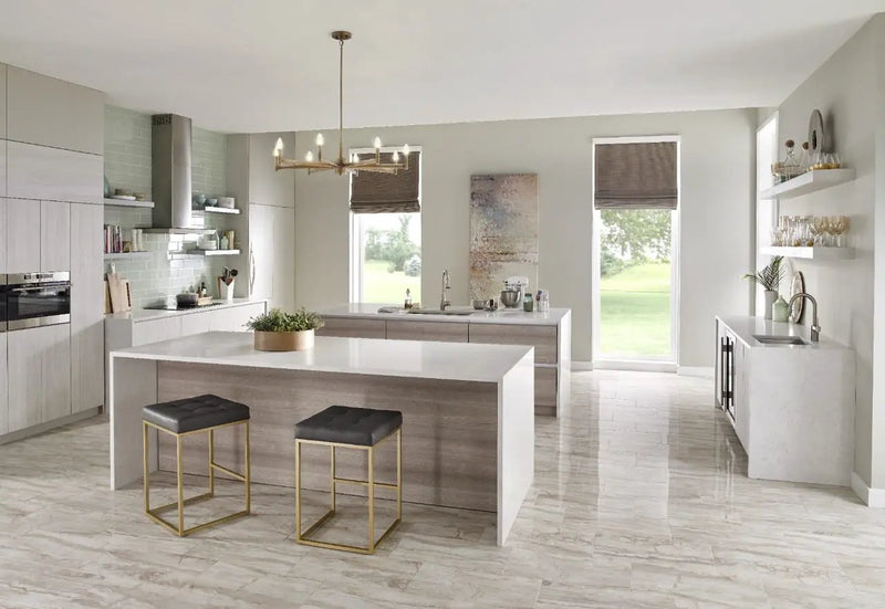 Bernini Bianco Matte Bullnose Travertine Look Porcelain Moldings 3x18 in a finished room