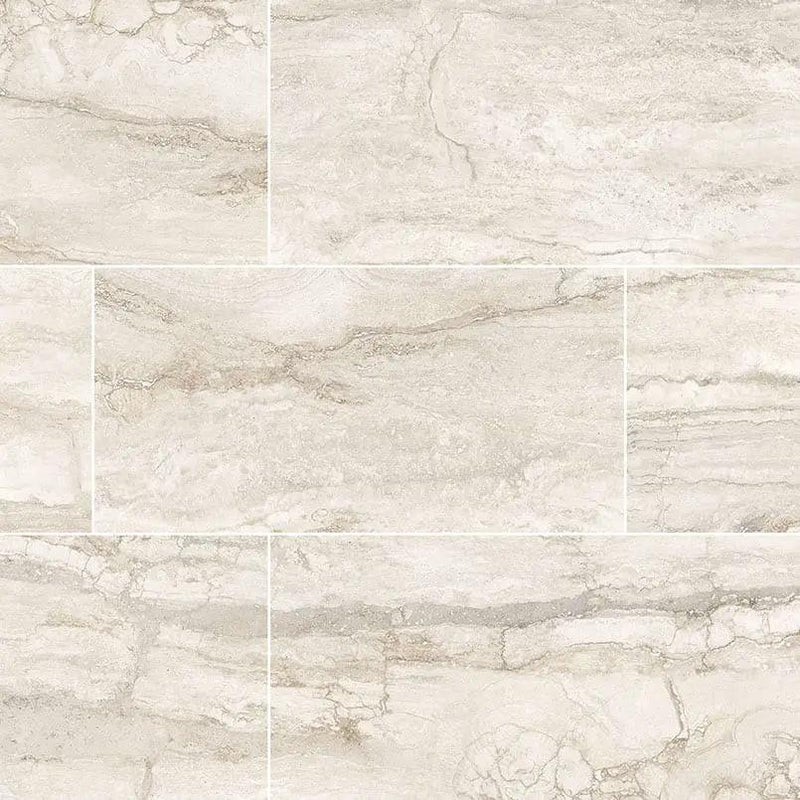 Bernini Bianco Polished Travertine Look Porcelain Tiles 12x24 close up
