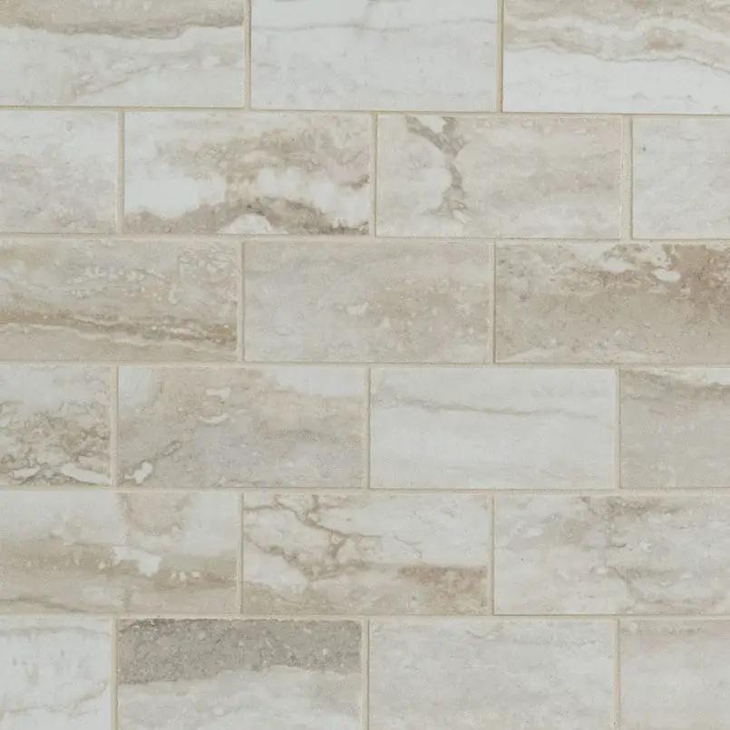 Bernini Bianco Polished Travertine Look Porcelain Mosaics 2x4 close up