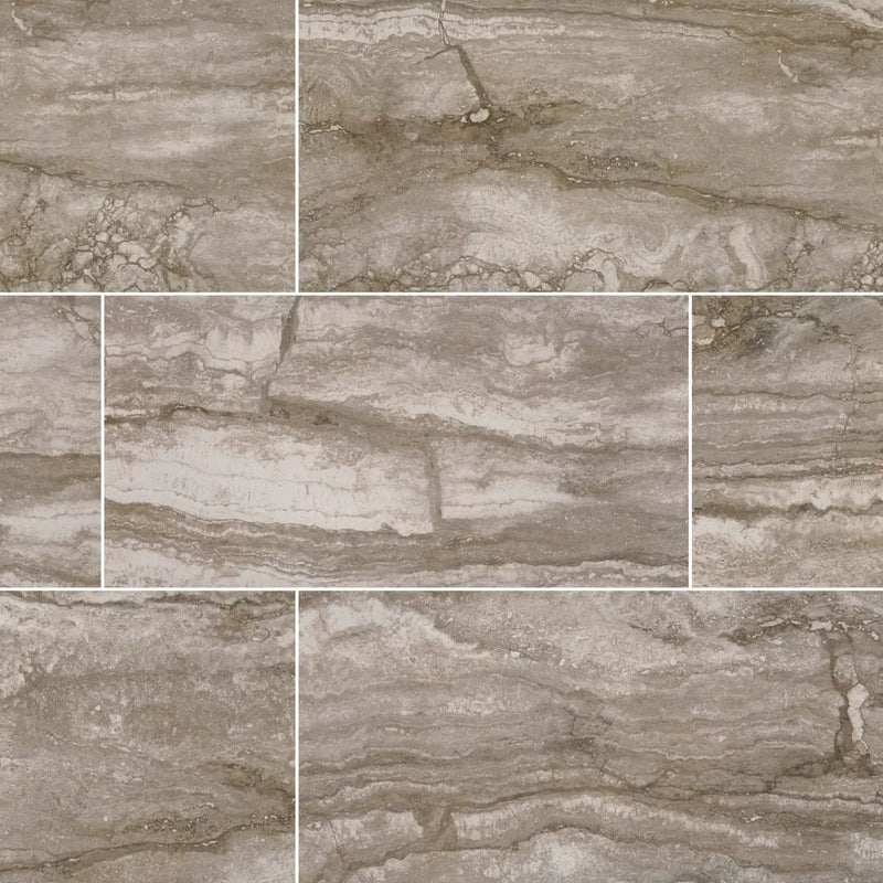 Bernini Camo Polished Bullnose Travertine Look Porcelain Moldings 3x18 close up