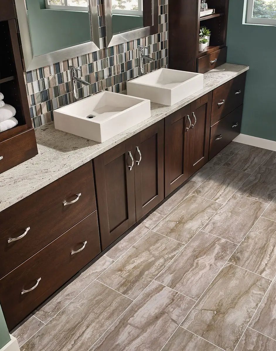 Bernini Camo Matte Bullnose Travertine Look Porcelain Moldings 3x18 in a finished room