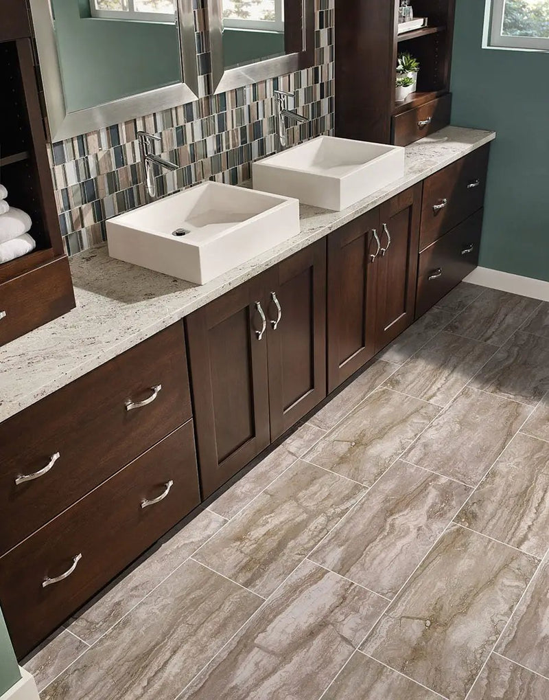 Bernini Camo Polished Travertine Look Porcelain Mosaics 2x4 in a finished room