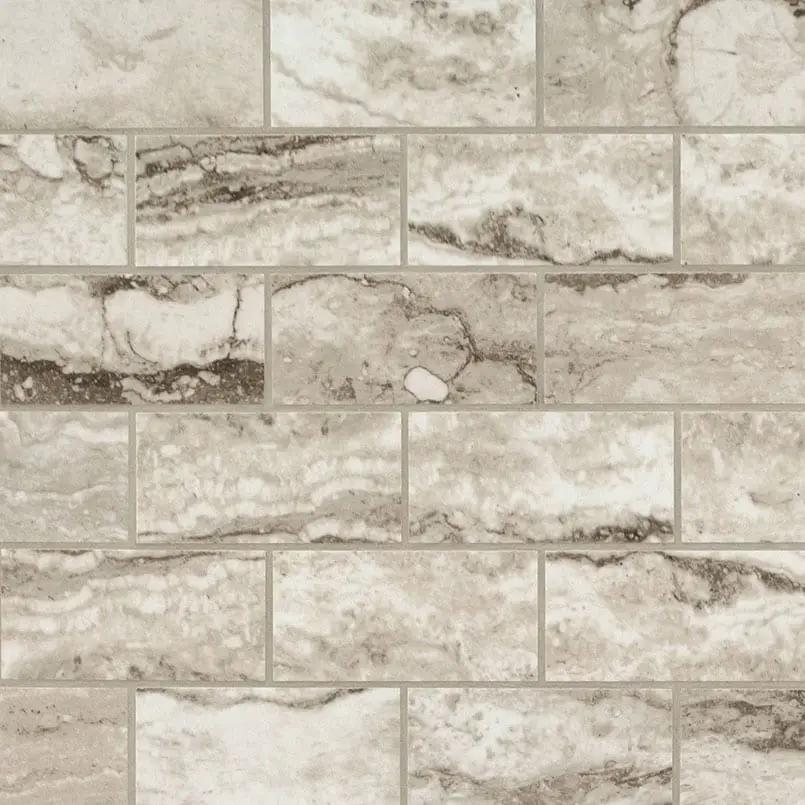 Bernini Camo Polished Travertine Look Porcelain Mosaics 2x4 close up