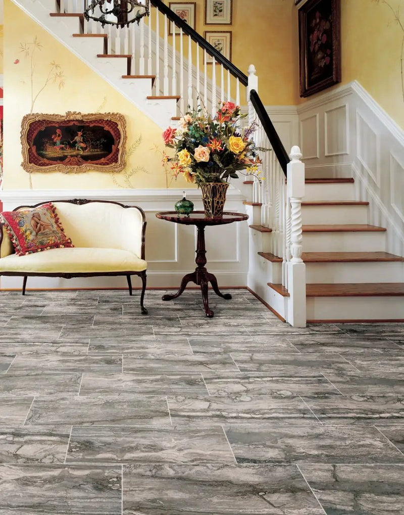 Bernini Carbone Matte Travertine Look Porcelain Tiles 12x24 in a finished room